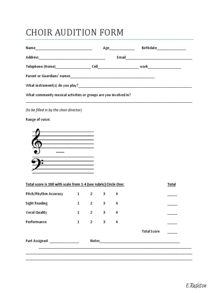 Choir Audition Form With Rubric Singing Pitch (Music)