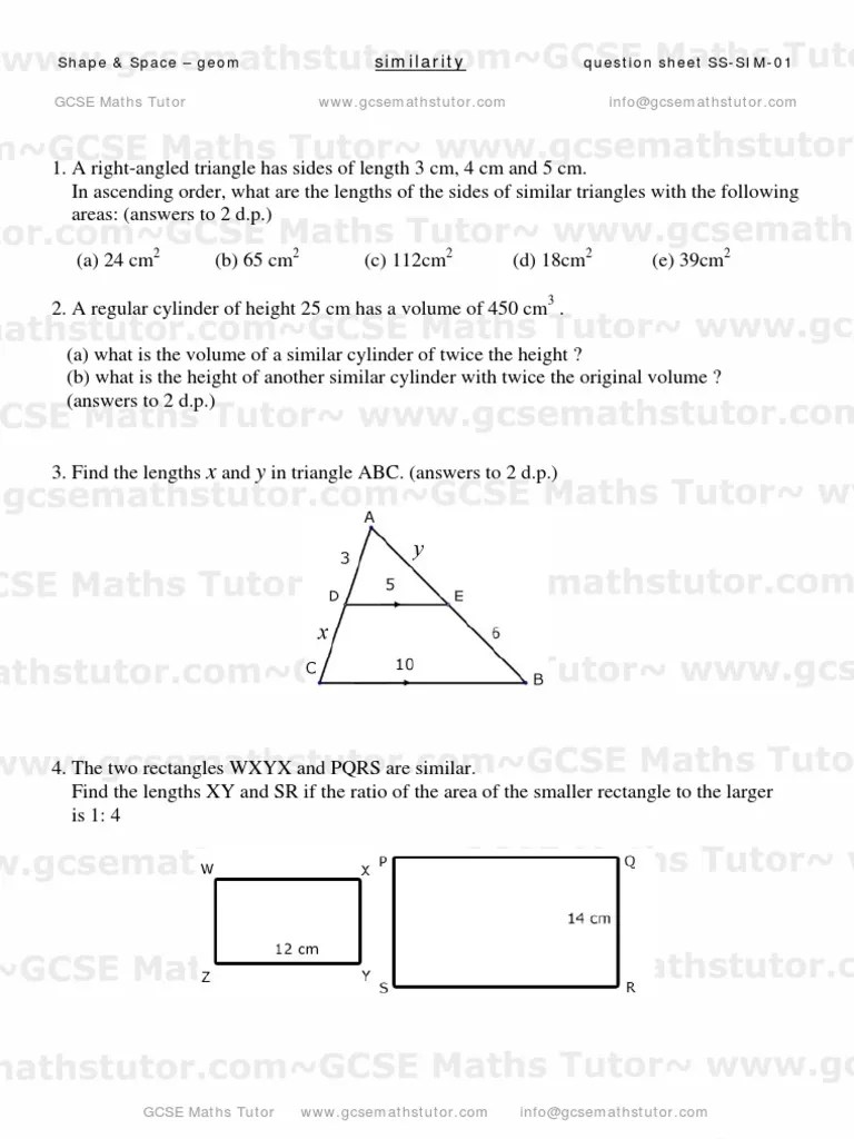 Similarity Worksheet, geometry revision from GCSE Maths Tutor