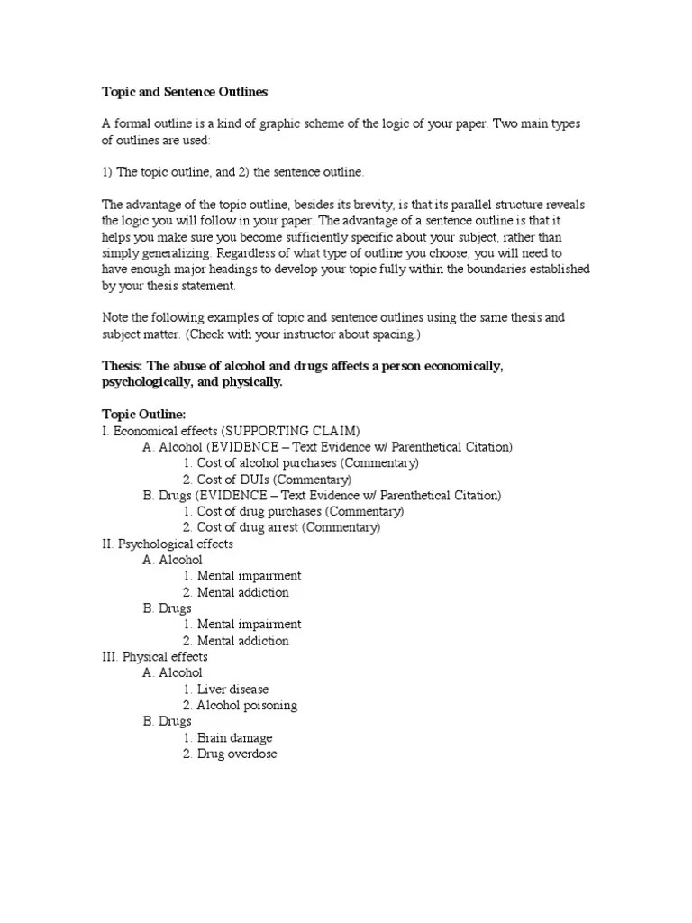 topic and sentence outlines Alcoholism Substance Abuse