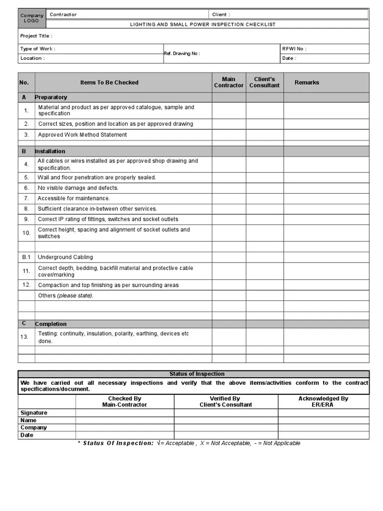 E Lighting and Small power INSPECTION CHECKLIST.doc