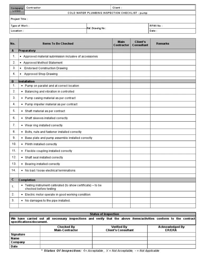 M CW Pump INSPECTION CHECKLIST PDF