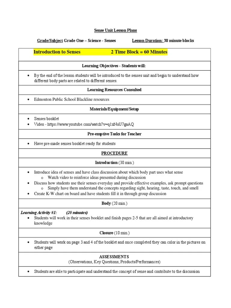 lesson plan senses Visual Impairment Educational Assessment