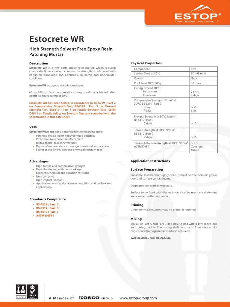 High Strength Solvent Free Epoxy Resin Patching Mortar Product Details