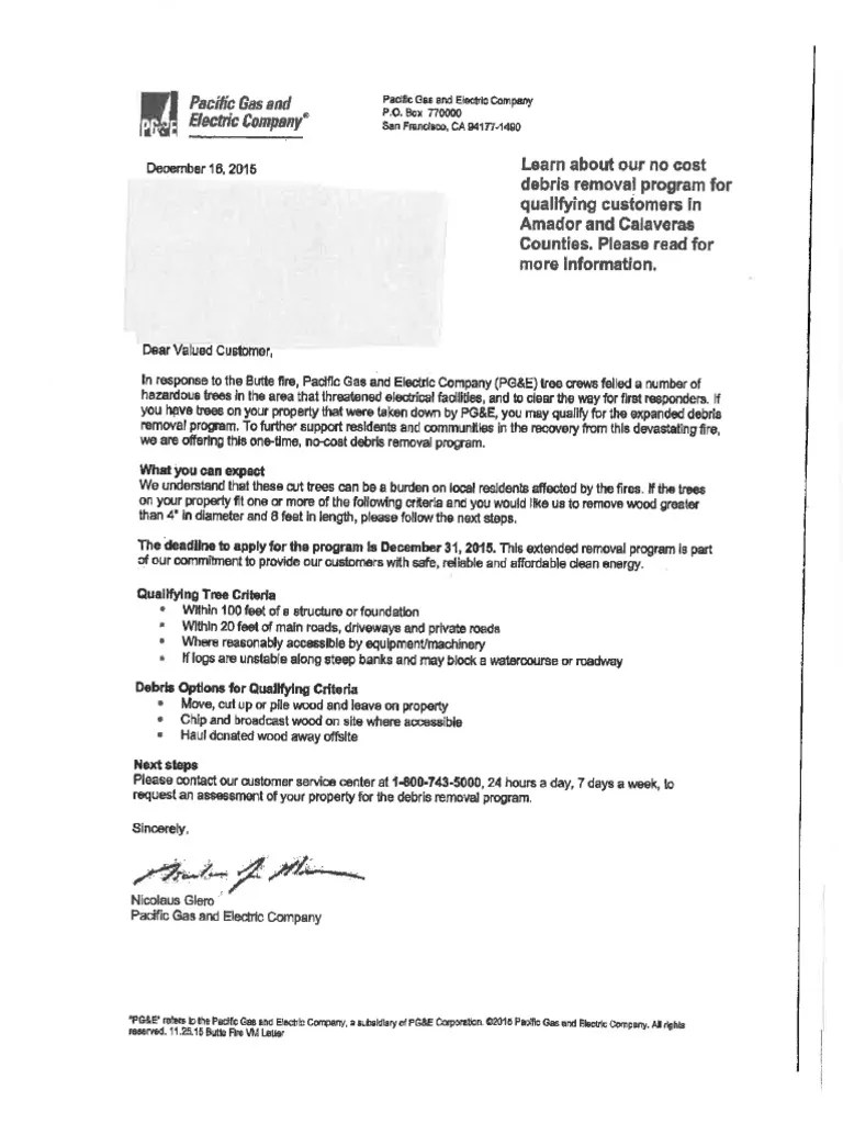 PG&E Debris Removal Letter