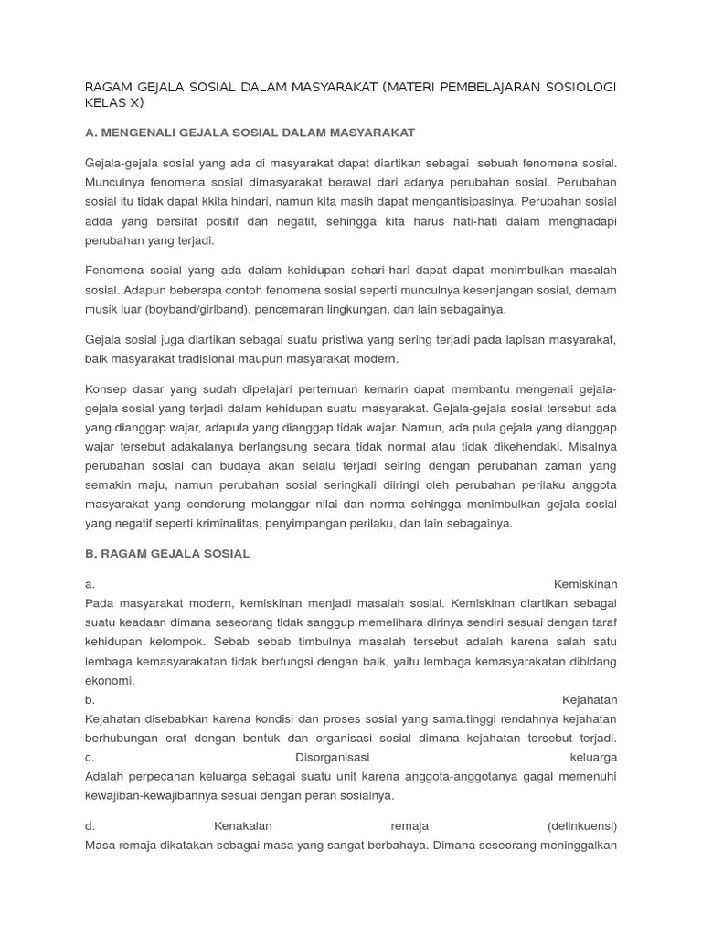 Ragam Gejala Sosial Dalam Masyarakat (Materi Pembelajaran Sosiologi Kelas  X) | PDF