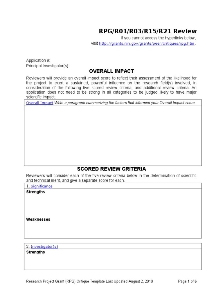 NIH Critique Template National Institutes Of Health Science