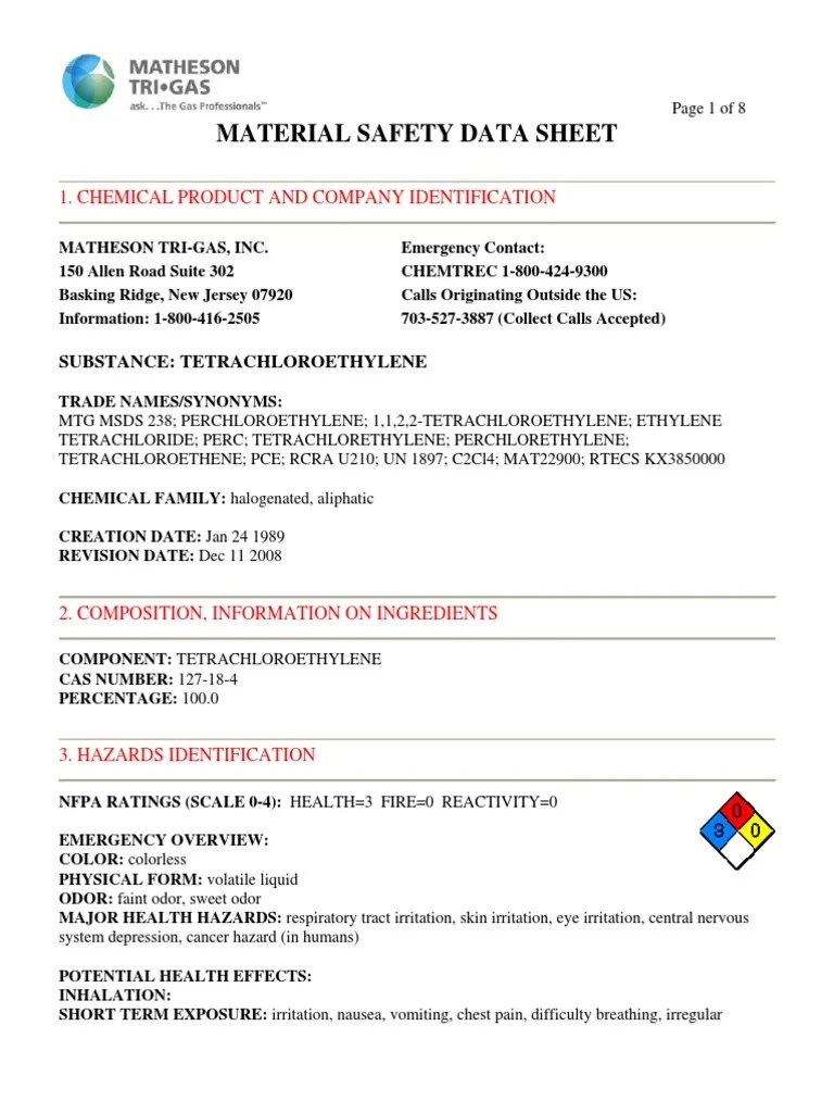 Msds Perc PDF Dangerous Goods Toxicity