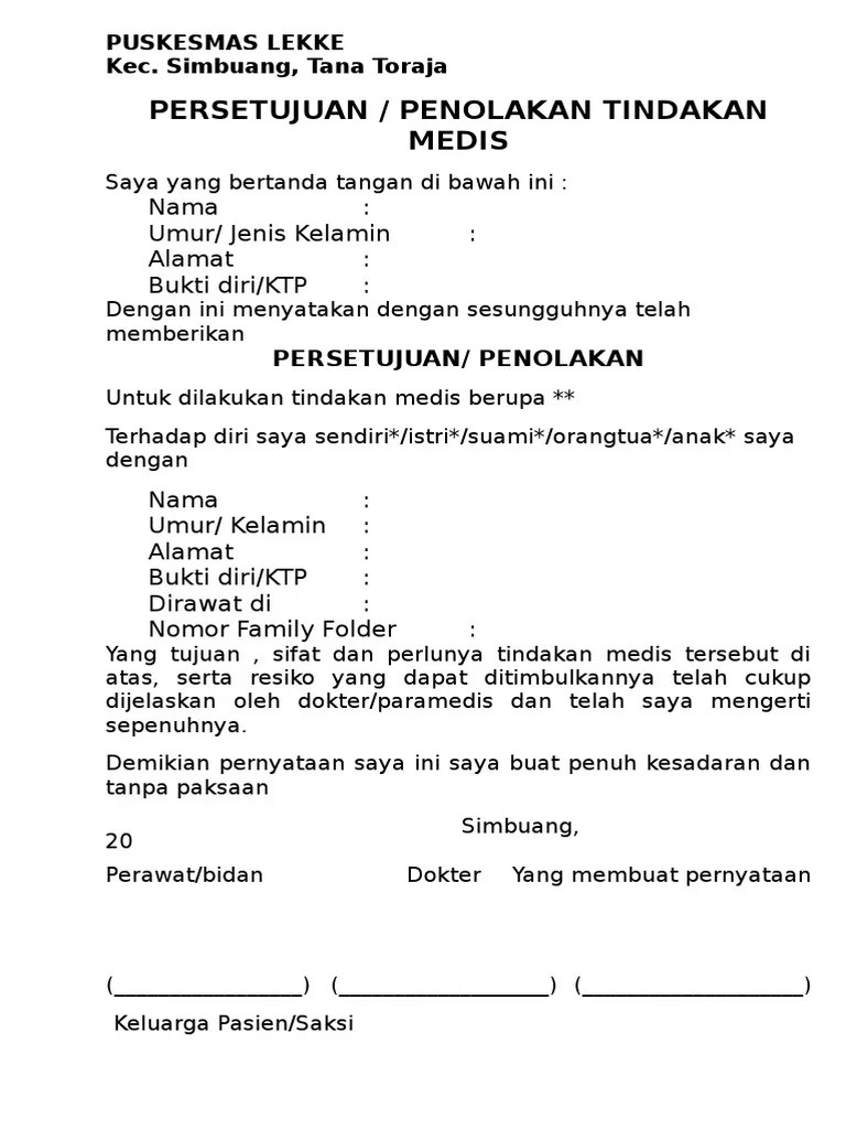 Surat Persetujuan Dan Penolakan Tindakan | Pdf