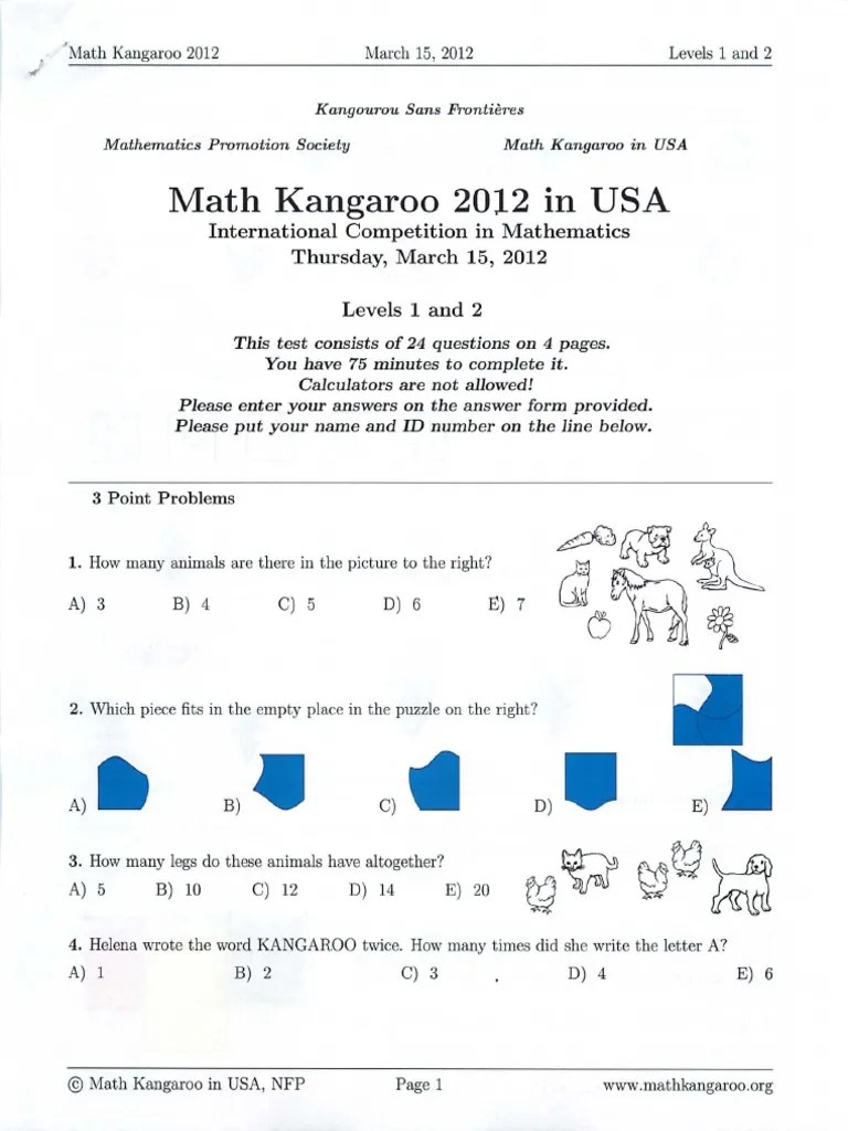 Math Kangaroo 2012 Level 1 2 Contest