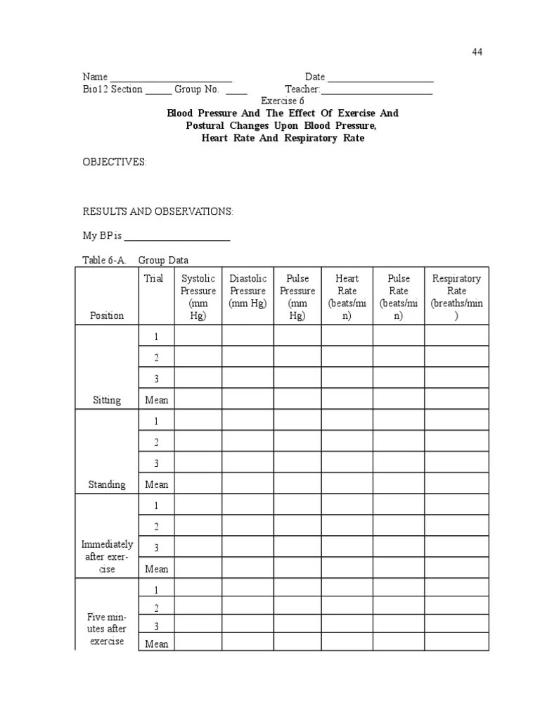 BIO 12 EX 6 BLOOD PRESSURE worksheet.doc Blood Pressure Pulse