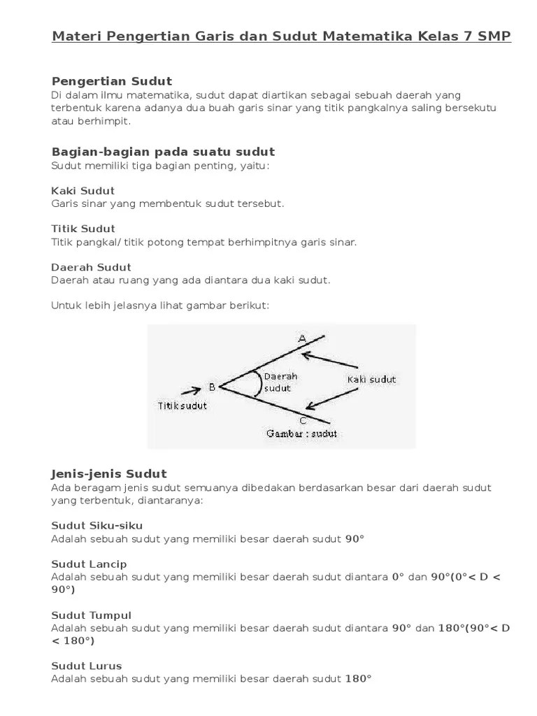 Materi Pengertian Garis Dan Sudut Matematika Kelas 7 SMP | PDF
