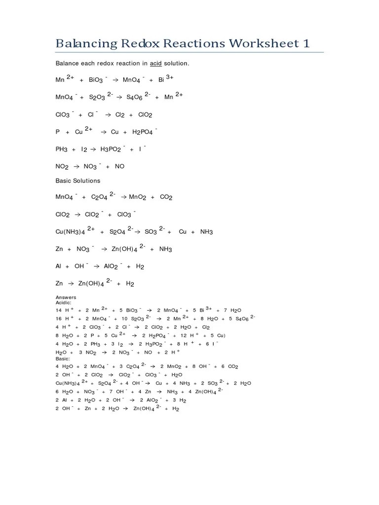 Balancing Redox Reactions Worksheets 1 & 2 (With Answers) Molecules