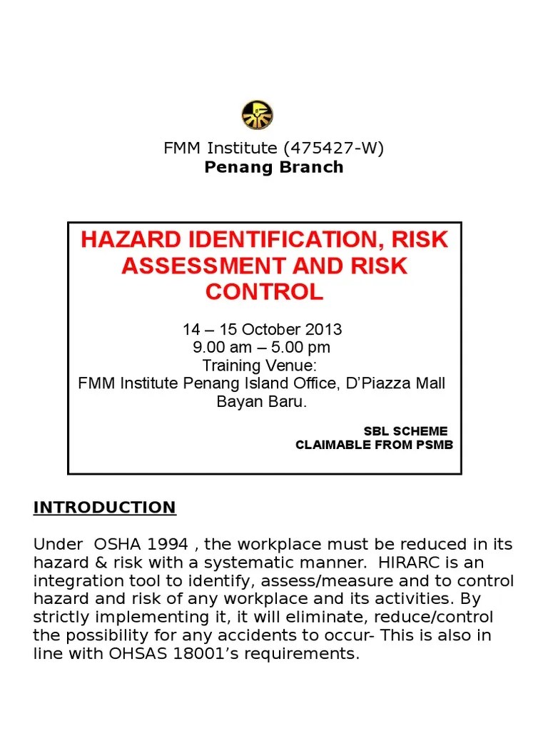 Hazard Identification Risk Assessment and Risk Control Occupational