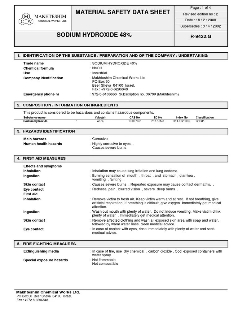 MSDS Sodium Hydroxide 48 Sodium Hydroxide Magnesium