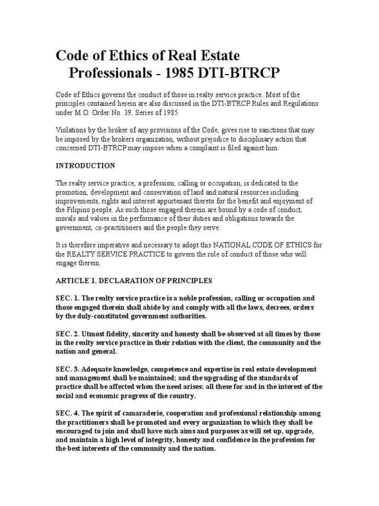 Code of Ethics of Real Estate Professionals Ownership Taxes