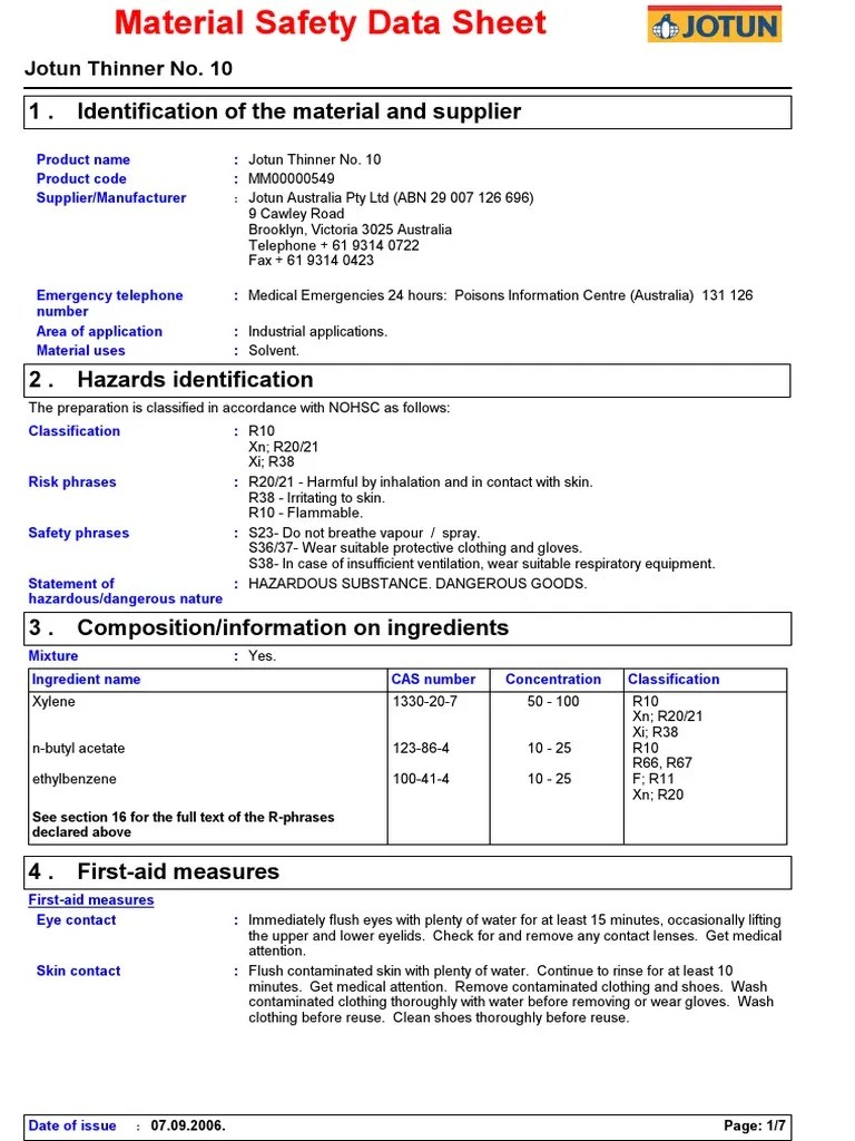 Jotun Thinner No.10 PDF Safety Chemistry