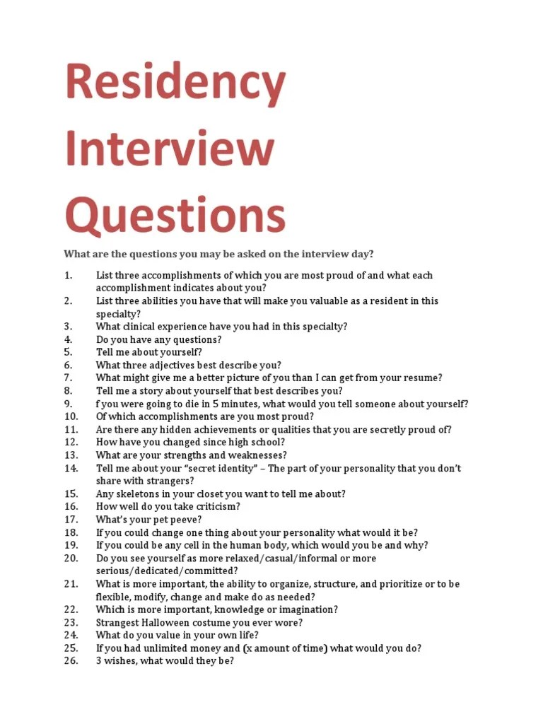 Residency Interview Questions PDF Medicine Health Care