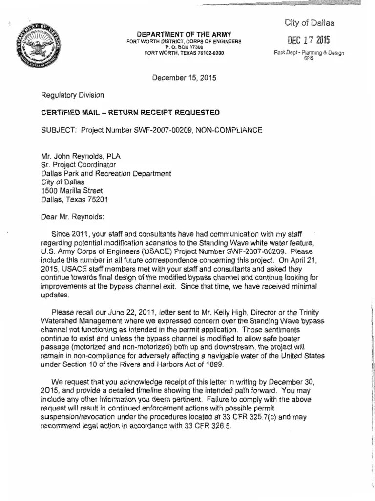 Army Corps of Engineers' Letters To Dallas PDF United States Army