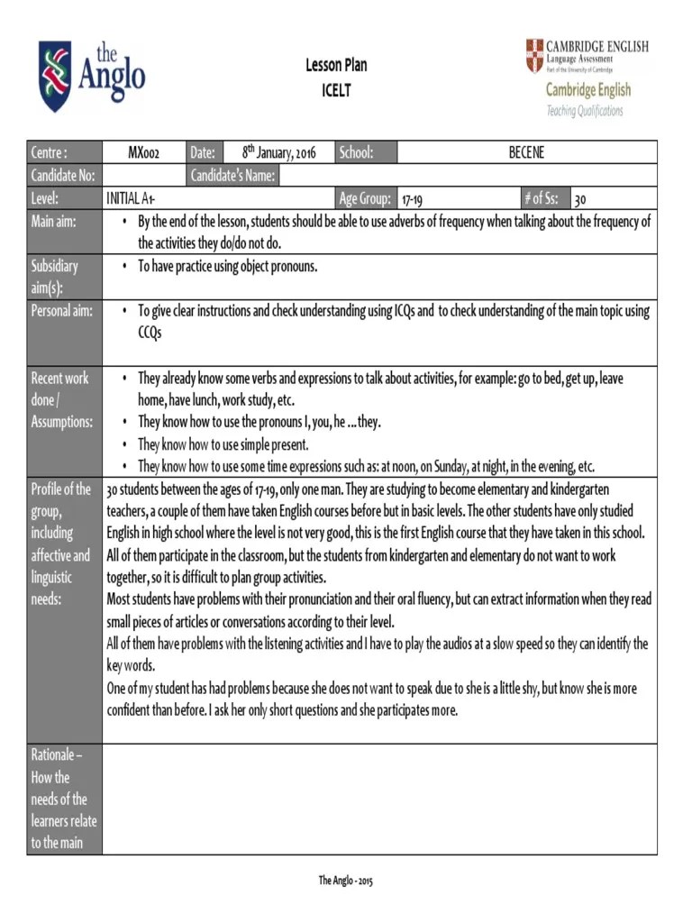 Lesson Plan Adverbs of Frecuency Esta Mal No Bajar Lesson Plan Adverb