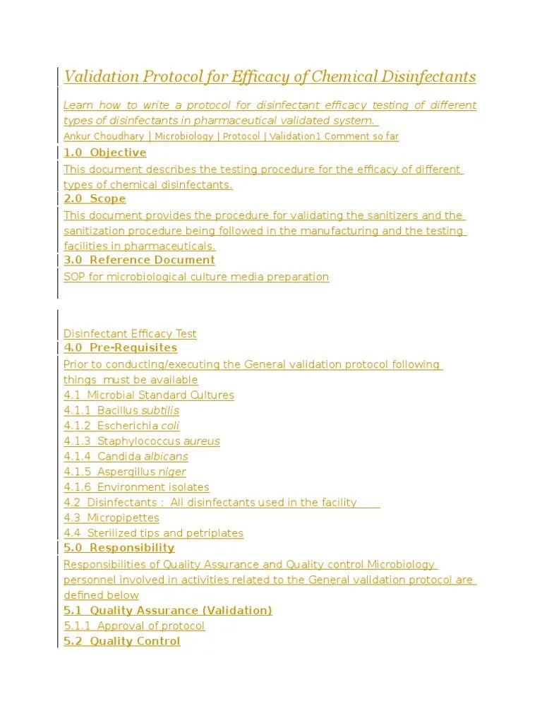 Validation Protocol For Efficacy of Chemical Disinfectants PDF