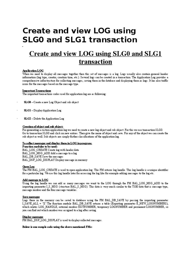 Create and View LOG Using SLG0 and SLG1 Transaction PDF Object