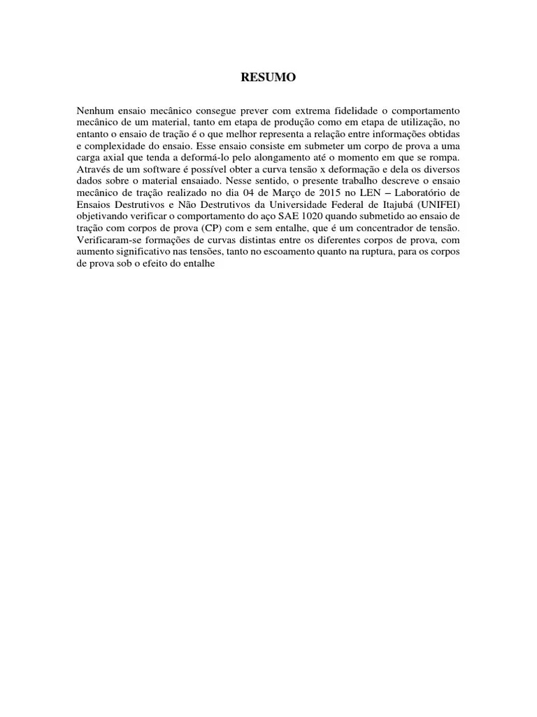 Relatório Ensaio de Tração Estresse (Mecânica) Engenharia de Construção