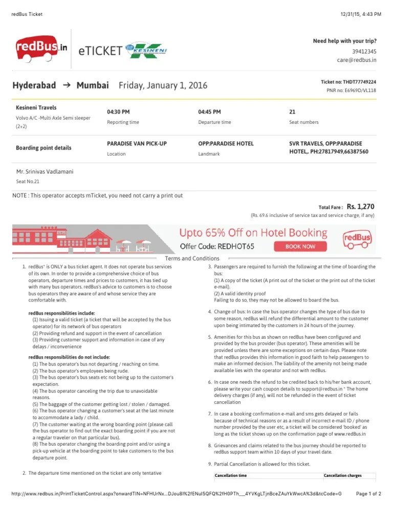 RedBus Ticket Billet (Admission) Bus