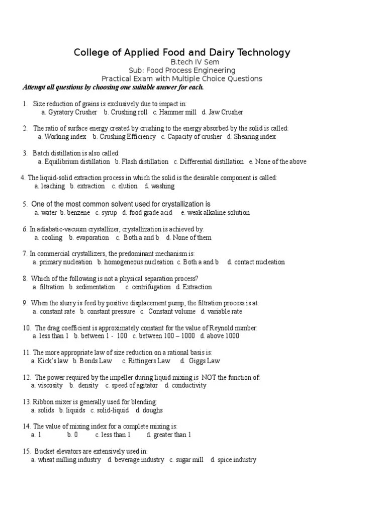 FOOD ENGG II 20 multiple choice questions Crystallization Distillation