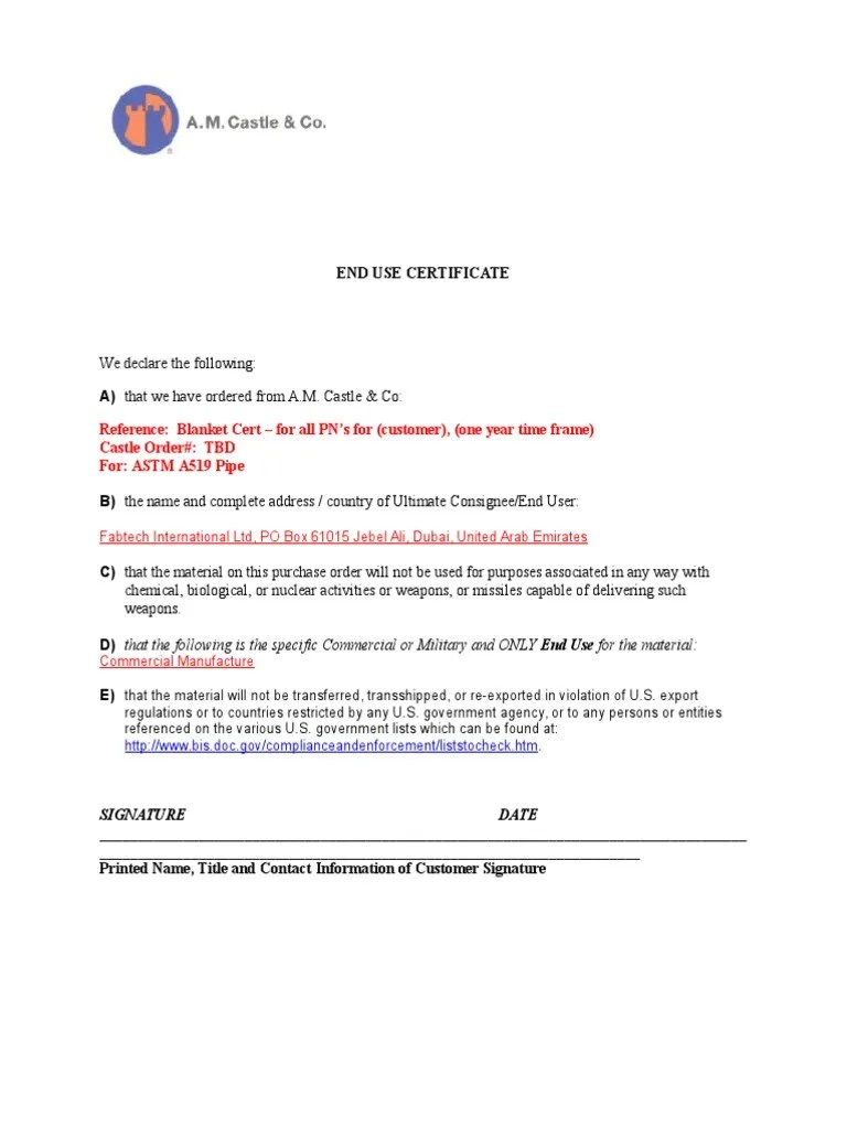 End Use Certificate Blanket Cert