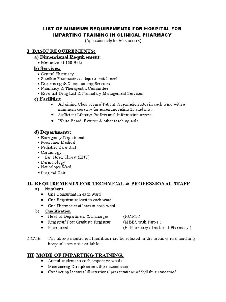 List of Minimum Requirements for Hospital For Pharmacy Hospital