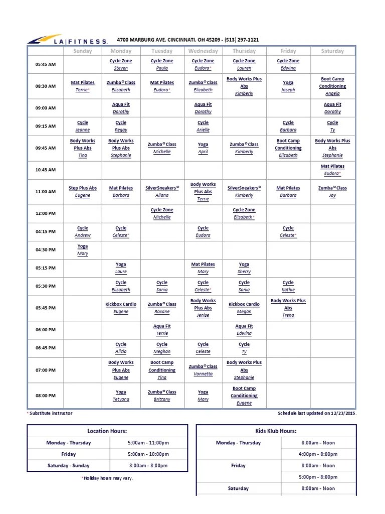 LA Fitness _ Class Schedule (Print Version) OAKLEY CINCINNATI, OH
