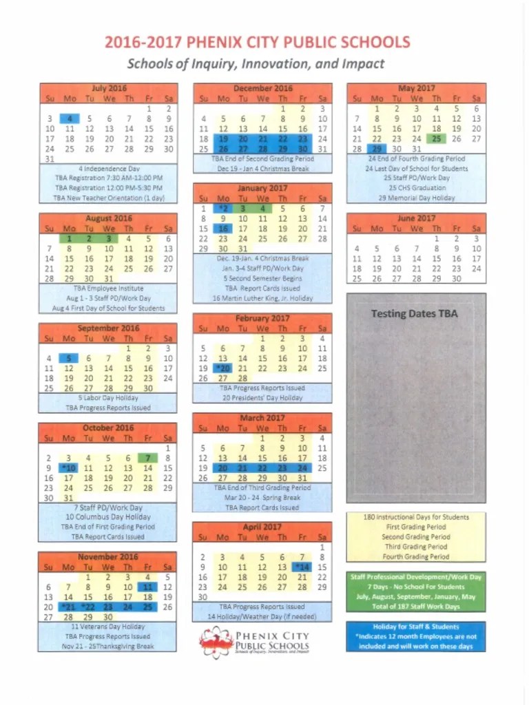Phenix City's school calendars for 201617, 201718