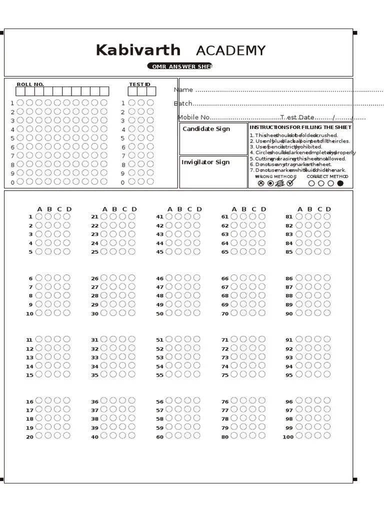 100 Questions OMR Sheet