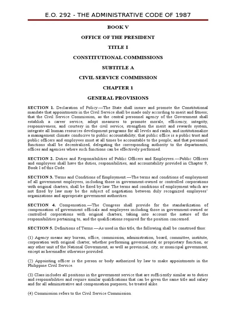 Eo 292 Administrative Code of 1987 Book V Title 1 CSC Civil