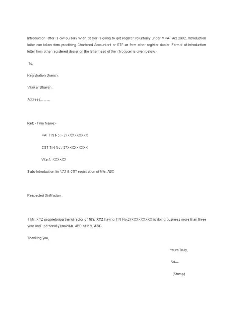 1 Format of Introduction Letter Required for Mvat Registration