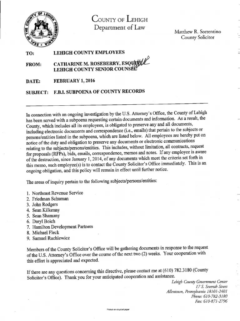 Lehigh County Employee Document Retention Letter
