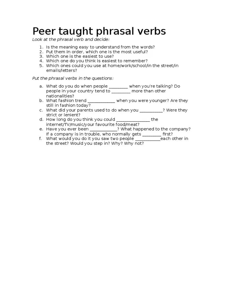 Peer Taught Phrasal Verbs Worksheet1 PDF