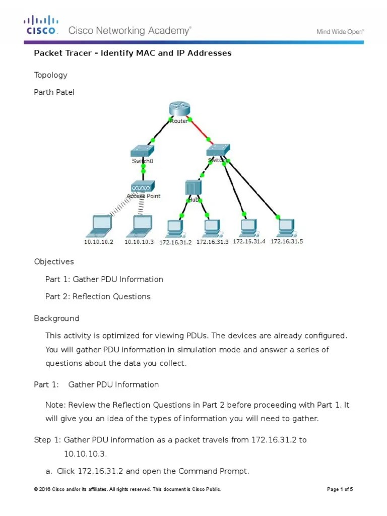 5.3.1.3 Packet Tracer Identify MAC and IP Addresses Protocols Ip Address