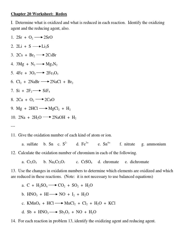 Chapter 20 Worksheet Redox | Redox | Chemistry