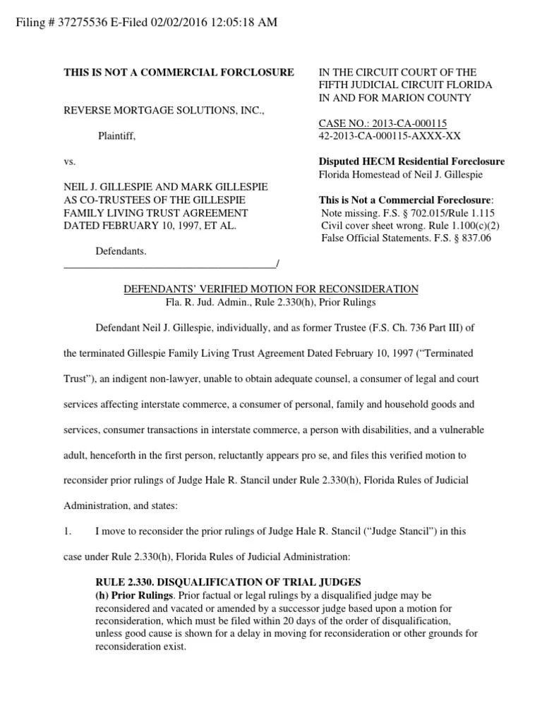 Defendants' Verified Motion For Reconsideration Fla. R. Jud. Admin., Rule 2.330 (H), Prior