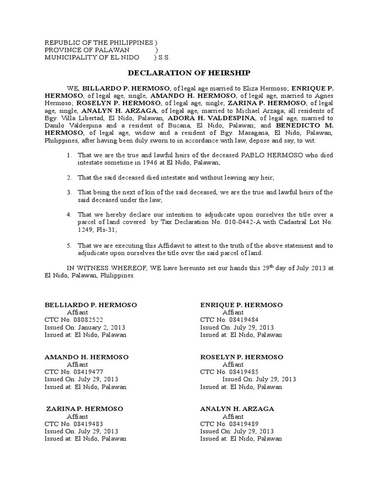 Declaration of Heirship Civil Law Law) Social Institutions
