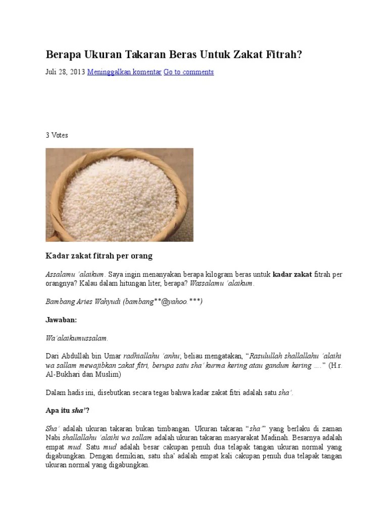 Berapa Ukuran Takaran Beras Untuk Zakat Fitrah