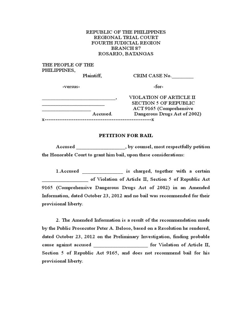 Sample Petition for Bail Article Two Of The United States