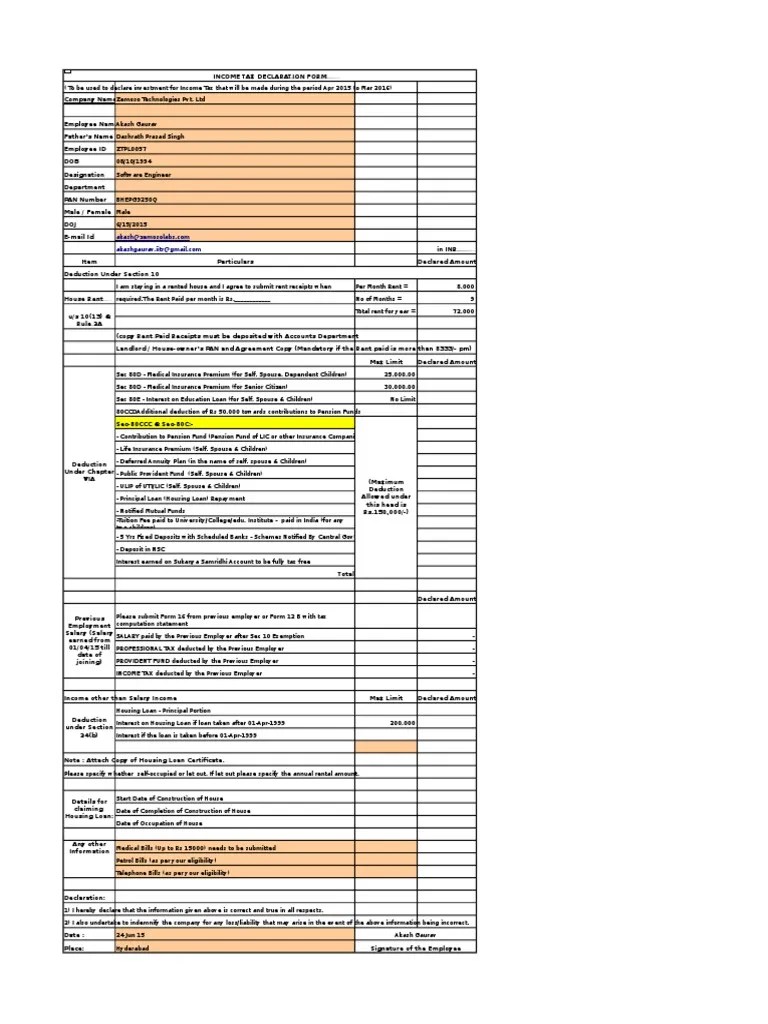 Tax Declaration Format FY 201516 Tax Deduction Loans