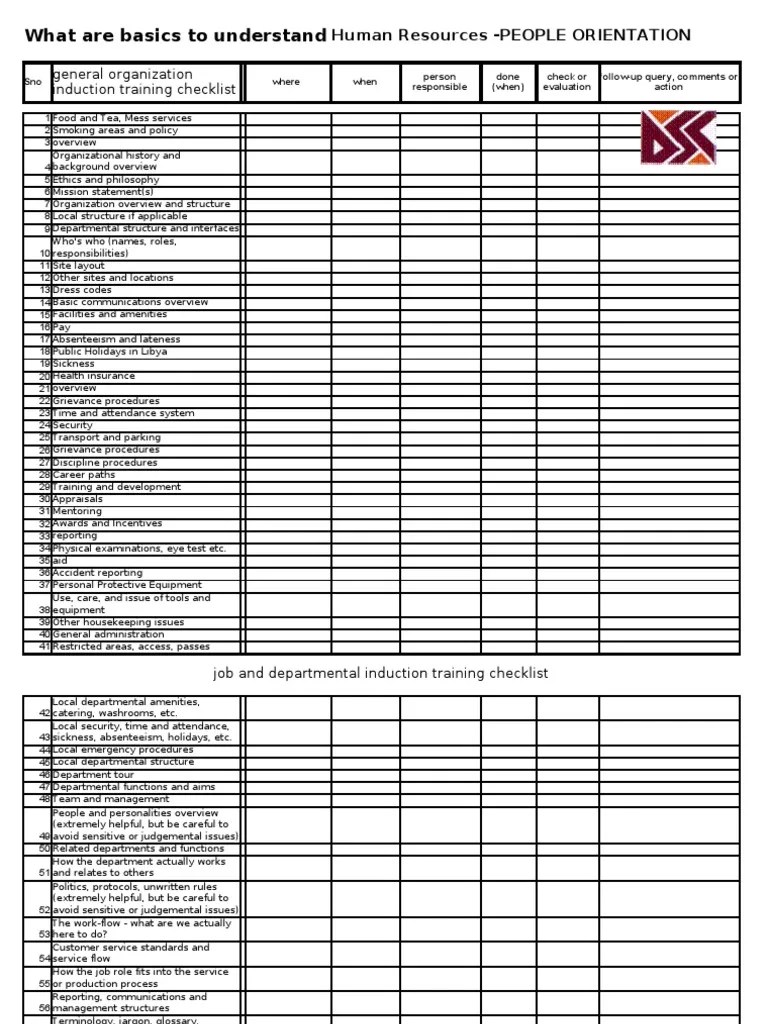 Induction Training Checklist Human Resources Business