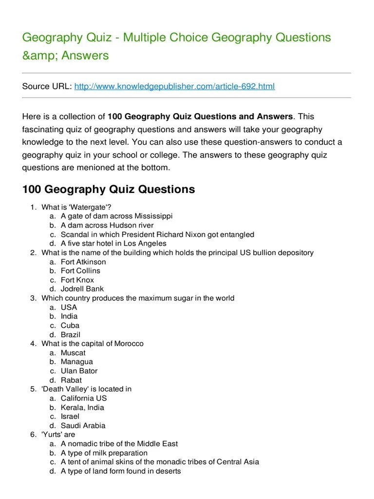 Geography Quiz Multiple Choice Geography Questions & Answers PDF