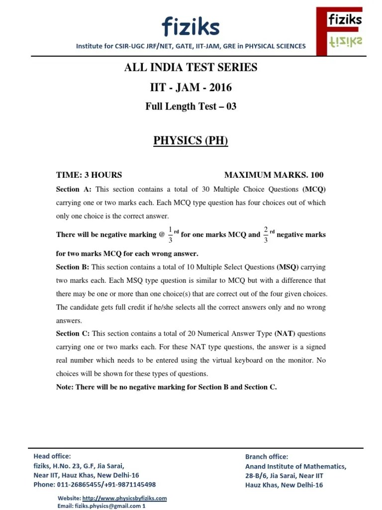 3. IITJAM FullLengthtest 03_1712016.pdf Photon Multiple Choice