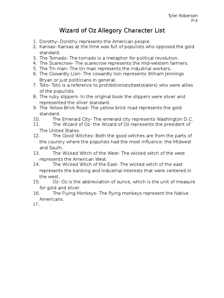 Wizard Of Oz Allegory Worksheet