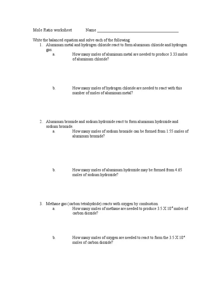 Mole Ratio Worksheet