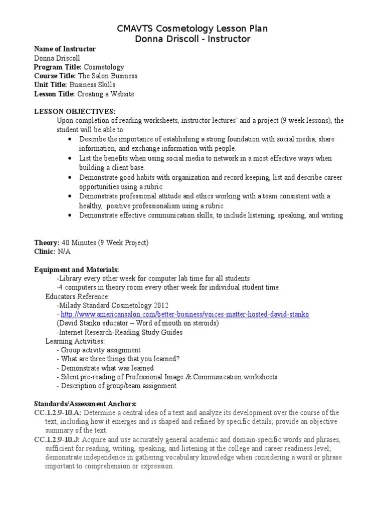 CMAVTS Cosmetology Lesson Plan Donna Driscoll Instructor Lesson